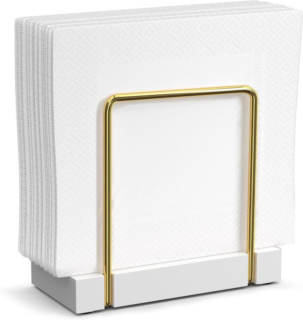 Napkin Holder for Table, Bamboo Iron Standing Napkin Dispenser for Dining Table Farmhouse Cocktail Picnic Rustic Wood Holders All Kitchen Dining Room Decor Gold & White (5.78*2.51*5.04 inch)