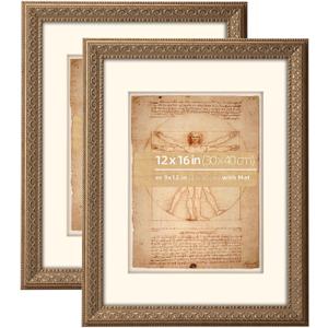 12x16 inches Antique Bronze Ornate Picture Frame, With Mat for 9x12 inches photos, Plexi glass Protection, 2 Pack