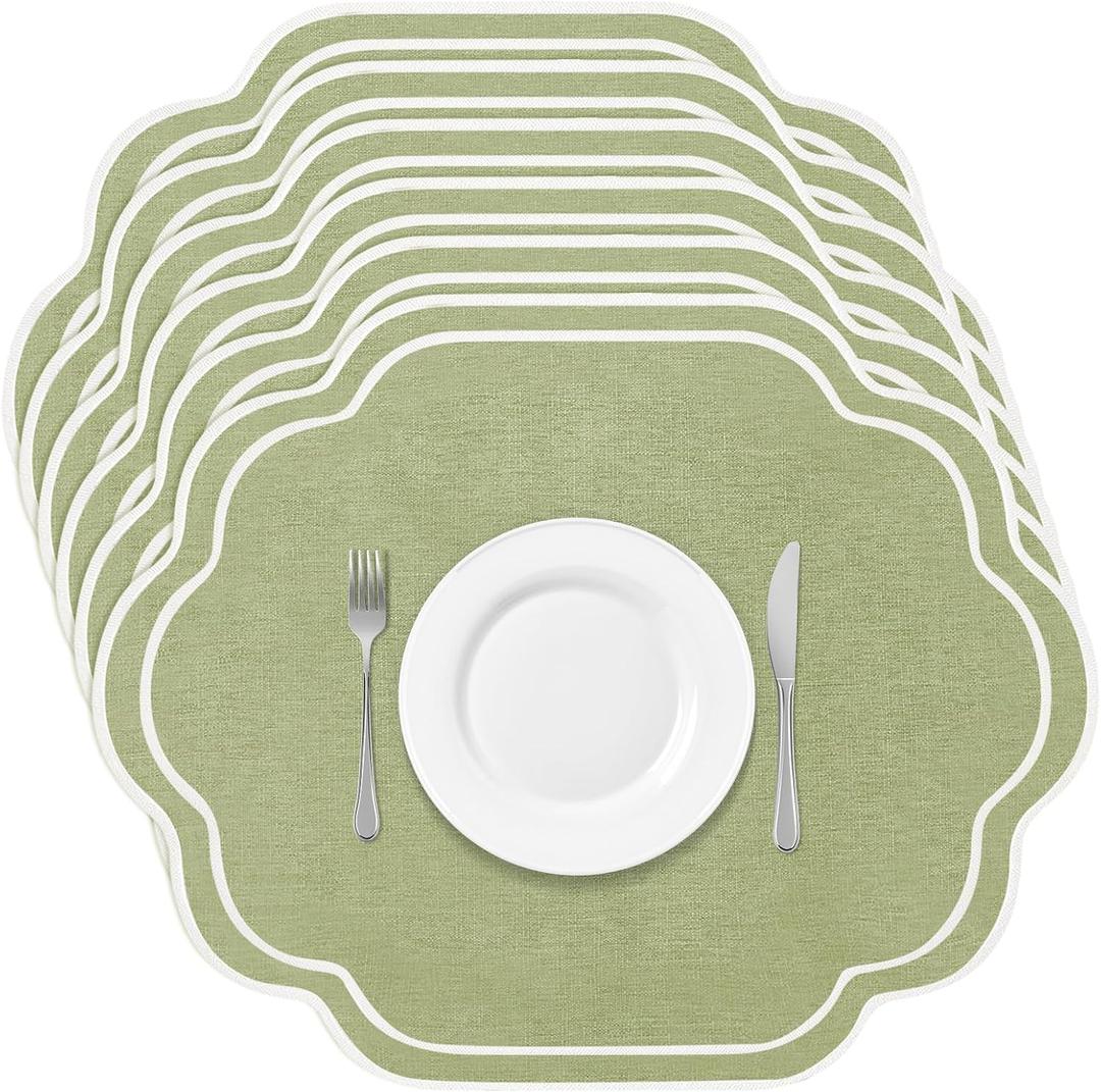 Breling Set of 6 Wedding Scalloped Embroidered Cotton Linen Placemats 17" x 13" Double Layered Machine Washable Table Place Mat for Party Table Decor (Wedding Sage Green)