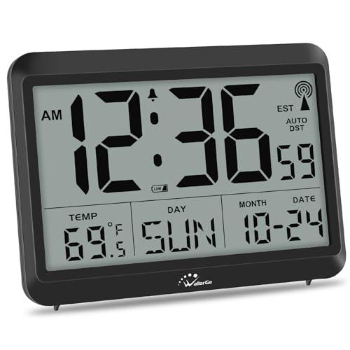 WallarGe Atomic Digital Wall Clock Battery Operated, Self-Setting, Large Display with Temperature, Date, Day of The Week, Silent Wall Mount Digital Clock, 4 Time Zones, DST
