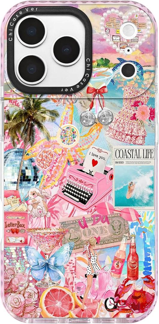 For iPhone 17 Pro Case, Coastal Summer Life Design with Tropical Collage, Military-Grade Drop Protection, Pink Paradise Soft Slim TPU Protective Cover with Camera Control for Women Girls