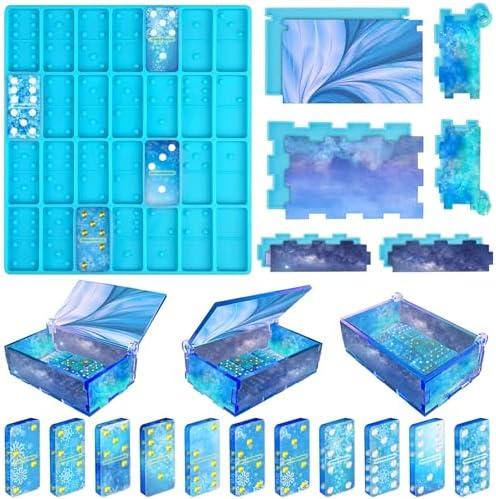 Vakoo Domino Molds for Epoxy Resin, Thickened Silicone Molds for Resin Casting, with Large Capacity Box Mold - Blue 6 PIECE