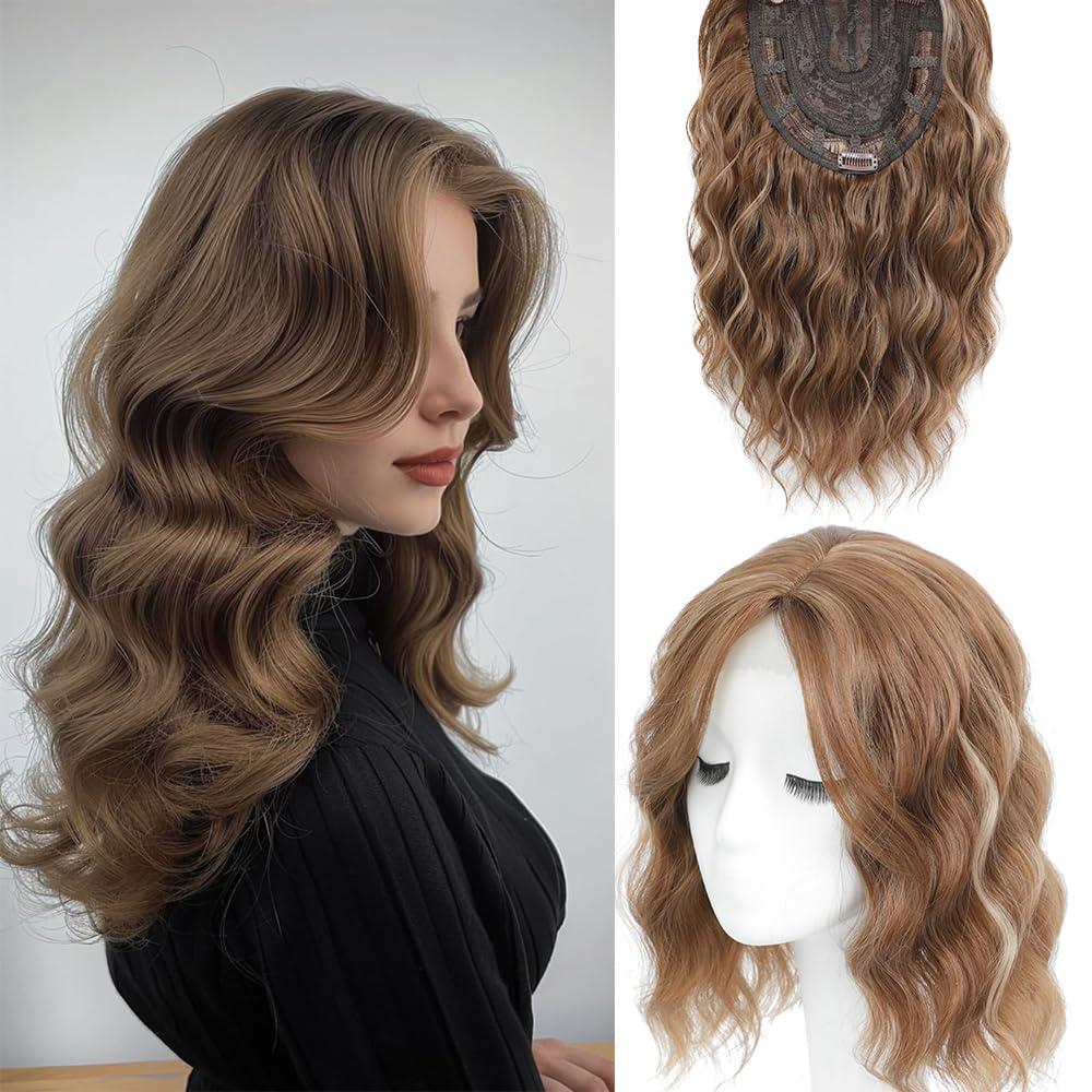 Hair Toppers for Women with Thinning Hair, 3D Toppers Pieces for Women Middle Part Clip in Bangs Synthetic Curly Wavy Daily (H6/22, Side bangs)