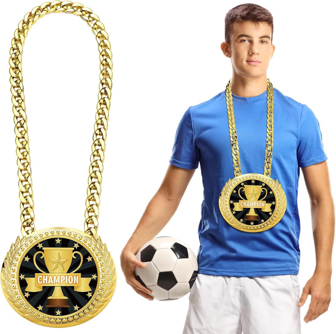 Tondiamo Sports MVP Turnover Chain Medal 6" Big Gold Champ Award Necklace Chain Baseball Basketball Football Soccer Softball Volleyball Sports Competitions Prize Gifts and Party Favors