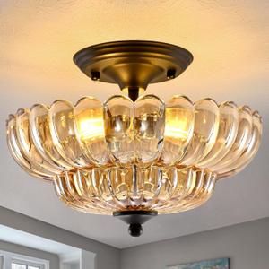 Modern Semi Flush Mount Ceiling Light, 3-Light Black Close to Ceiling Light Fixture with Amber Glass Shade for Living Room Entryway Bedroom