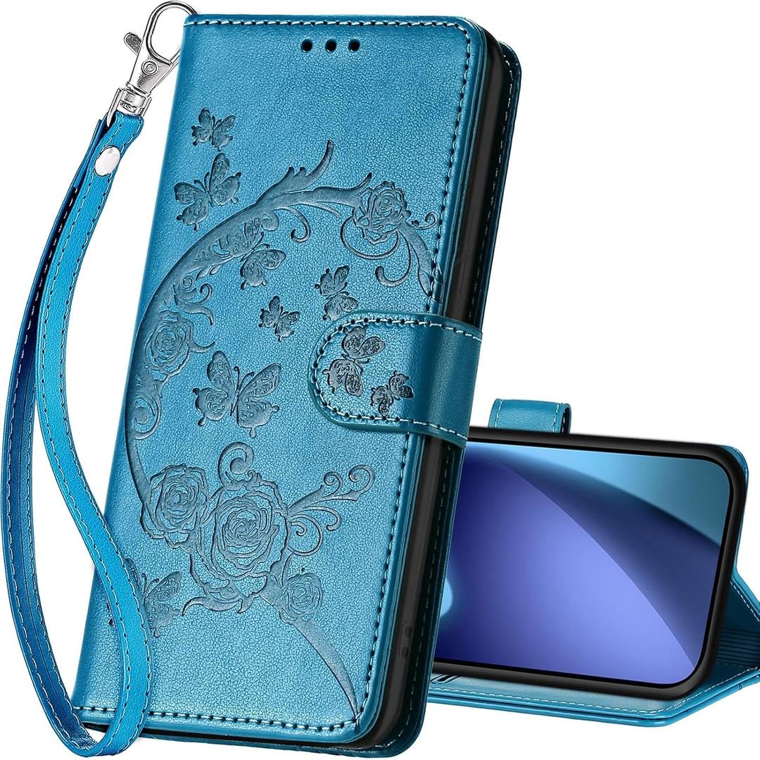 for iPhone 17 Pro Max Wallet case, Flip Folio Cover with Stand Feature for Women Men, PU Leather Phone Case Fit for iPhone 17 Pro Max 6.9 inch [Blue-Flower]