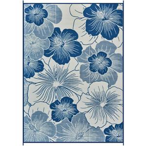 Waterproof Outdoor Rug 4x6 ft, Reversible Patio Rug, Outdoor Plastic Straw Rug with Flower Pattern, RV Mat, Outdoor Carpet for Patio, CampingBalcony, Deck, Backyard, Navy/Light Beige