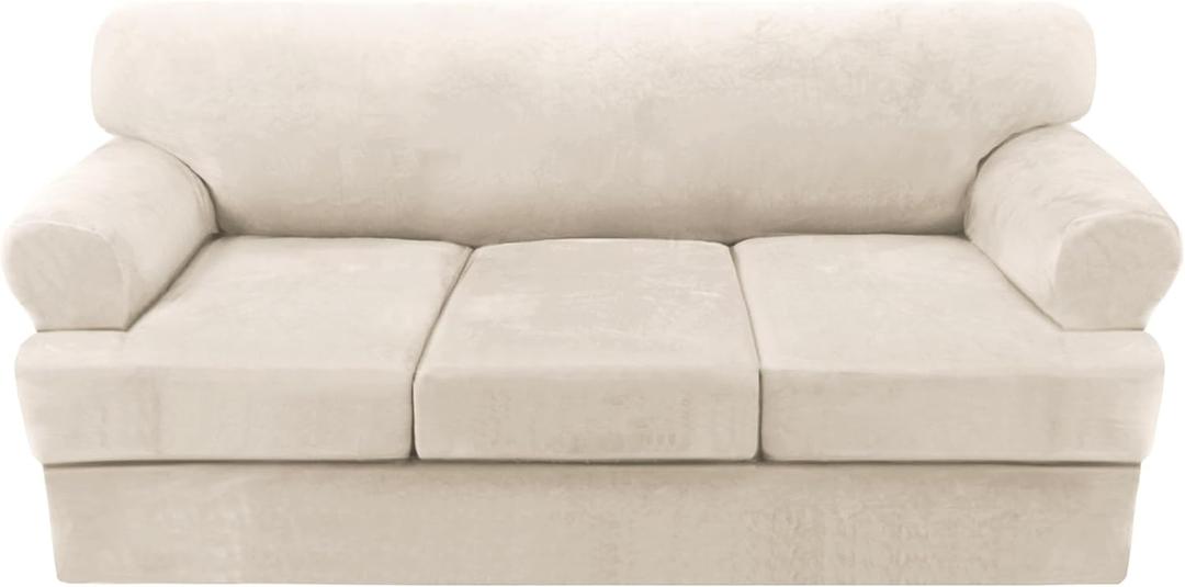 H.VERSAILTEX Sofa Cover 4 Piece T Cushion Sofa Slipcovers Couch Cover Furniture Protector Stretch T Cushion Sofa Covers for 3 Cushion Couch with 3 Individual T Cushion Covers, Ivory
