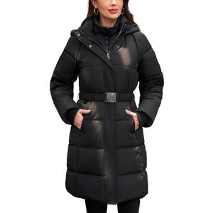 Women's Long Winter Puffer Coat Fleece Lining Waterproof Hooded Parka with Removable Belt (Medium, Black)