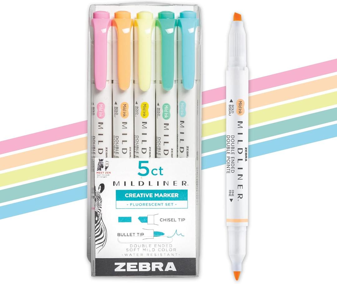 Zebra Pen Mildliner Dual-Tip Highlighter Marker Set, Broad and Fine Point Tips, No Bleed, Ideal for Bible Highlighting, Journaling and Note-Taking, Assorted Colors, 5-Pack (78105)