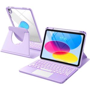 Harvopu for iPad 10th/11th Generation A16 Case with Keyboard, 360 Rotation Detachable Cover with Pencil Holder, Multi-Touch Trackpad, 7 Colors Backlit Keyboard for iPad (A16)/10th Gen (Light Purple)