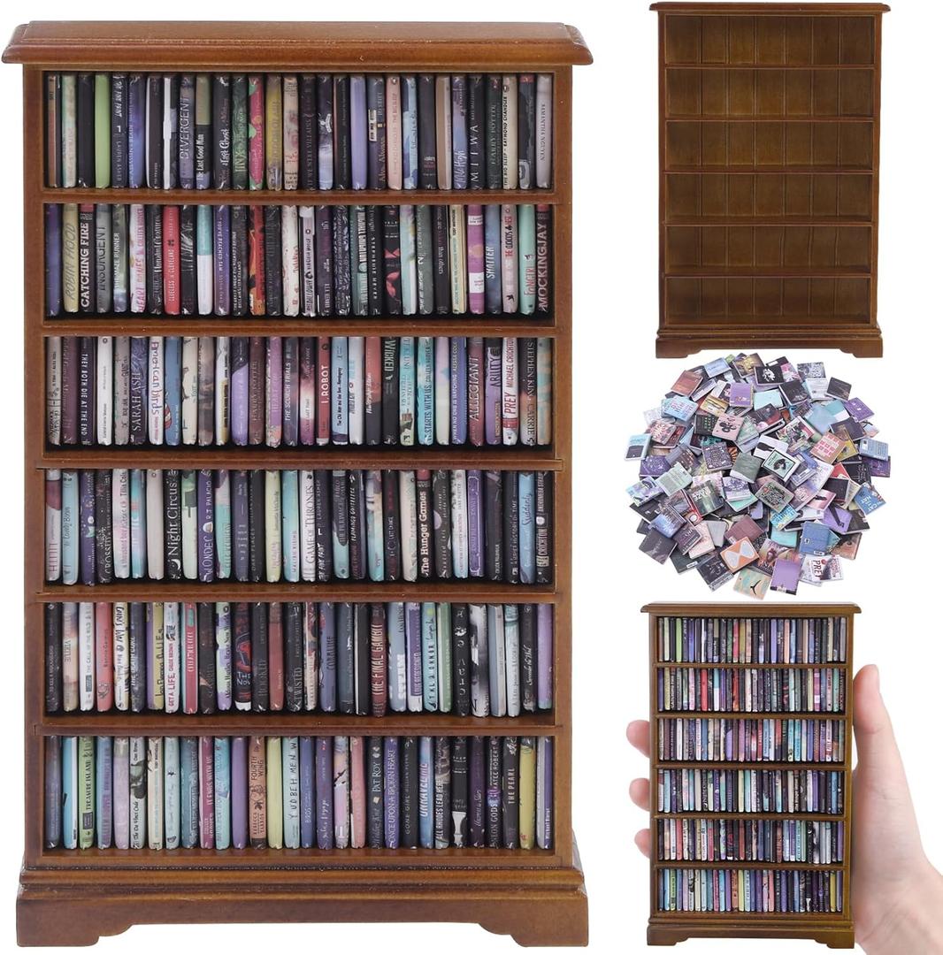 DIYDEC Mini Bookshelf with 180pcs Mini Books Miniature Anxiety Bookshelf Ornament Tiny Small Library Decor Shake Away Your Anxiety for Book Lovers Gift Home Room Office