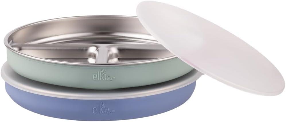Stainless Steel Divided Plates + Silicone Sleeve and Storage Lid | Baby, Toddler, Kids | Dinner & Snack Plates | 2 Pack (Misty Blue/Sage)
