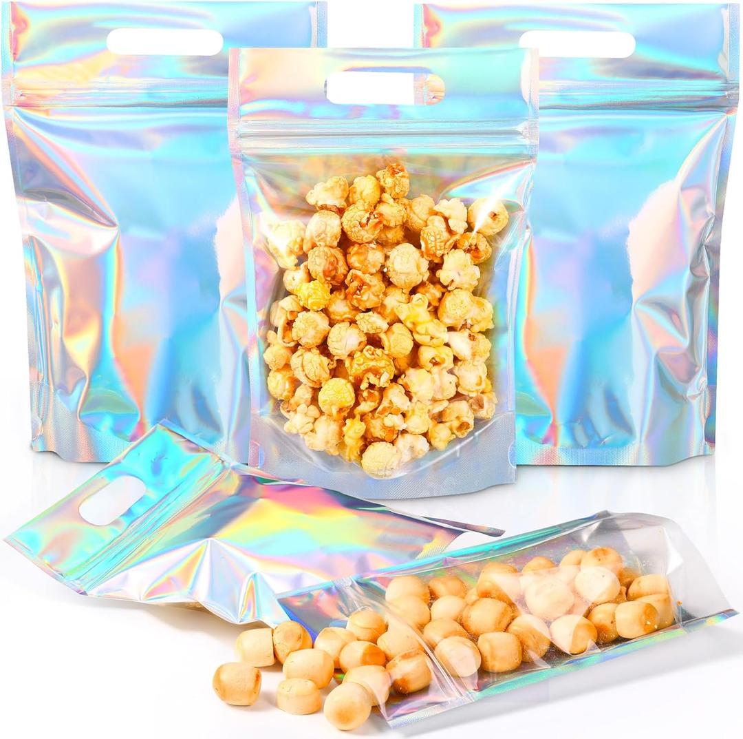 60 Pcs Iridescent Snack Bags with Handles Reusable Plastic Holographic Gift Bags Colorful Candy Treat Goodie Cookie Handbags for Baby Shower Halloween Birthday Party Favors Supplies