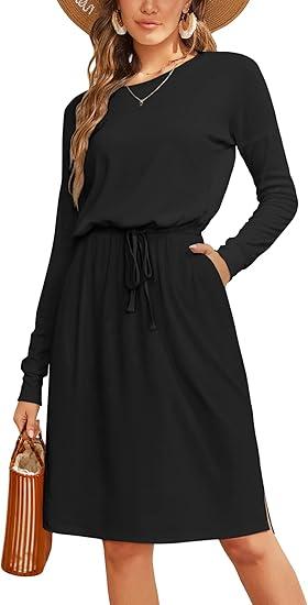 Women Knit Work Casual Pocket Knee Length Travel Dress 2025 Spring Fall Winter Long Sleeve Hide Belly Midi Outfits, Size M