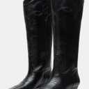 Coutgo Womens Cowboy Western Boots with Embroidered Square Toe Chunky Heel Mid Calf Boots Fall Winter Shoes (Black)