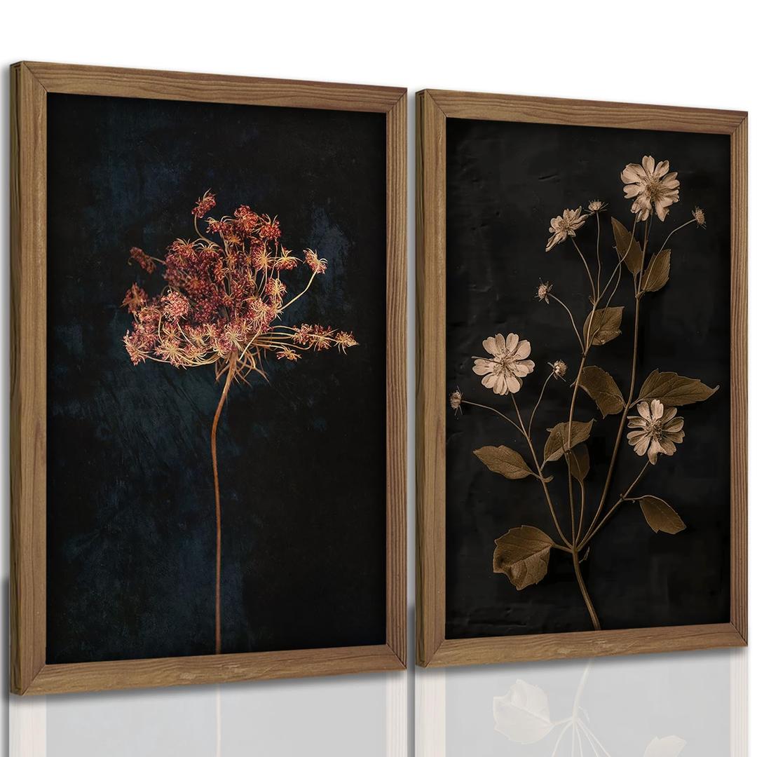 2Pcs Framed Vintage Wall Art Prints, Retro Moody Floral Botanical Canvas Painting Farmhouse Decor, Black Dark Flower Picture Poster for Bathroom, Bedroom, Living Room, Gallery 16X24In