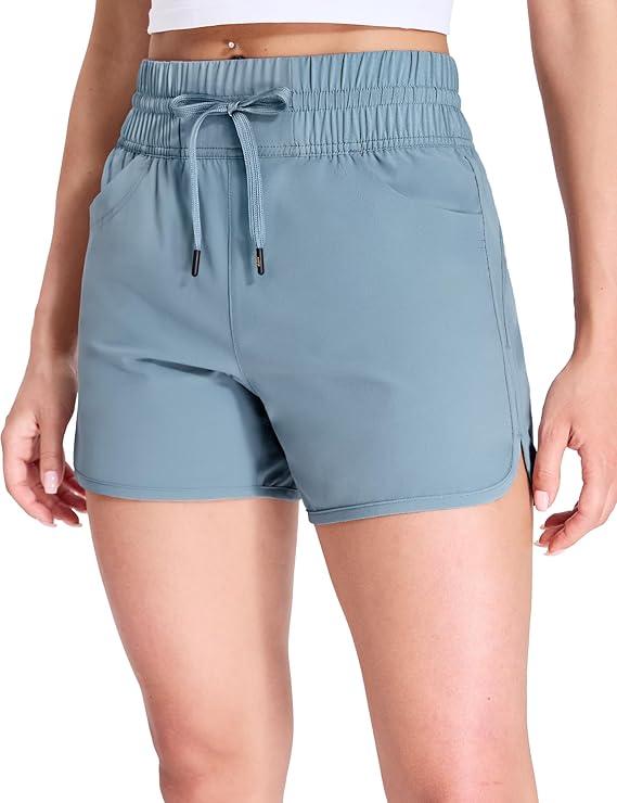 MIER Women's Running Shorts Quick Dry Athletic Workout High Waisted Active Shorts with Liner Zipper Pocket 4 Inch, size L