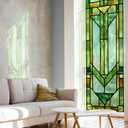 Faux Stained Glass Effect Transparent Window Film, Original Hand Dawn Static Cling Home Decal Inspired by Frank Lioyd Wright, 22.83" x114.17" Hollyhock House, Green