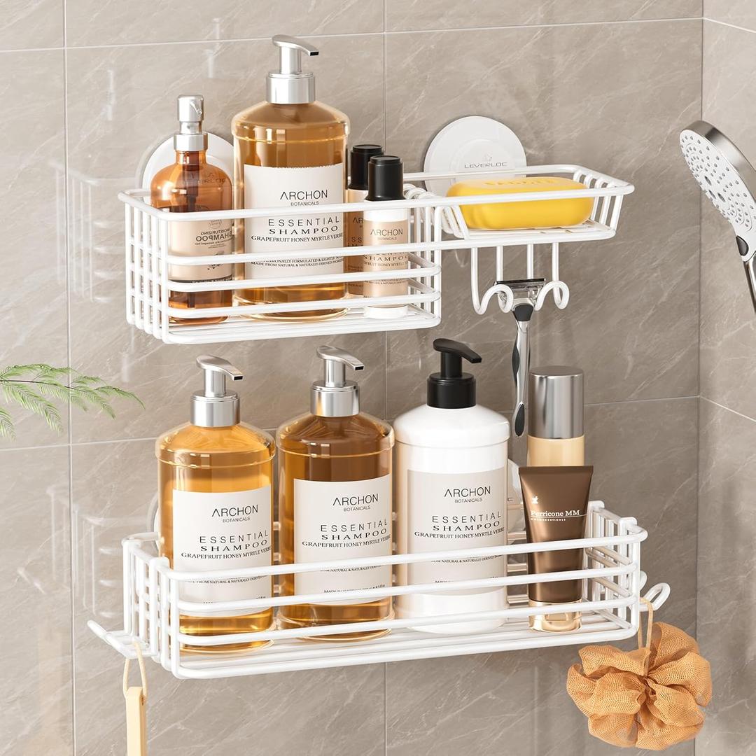 LEVERLOC Shower Caddy Suction Cup, 2 Pack Shelves for Inside with Hooks and Soap Holder, NO-Drilling Bathroom Holder, Rustproof Metal Bathroom Organizer, White