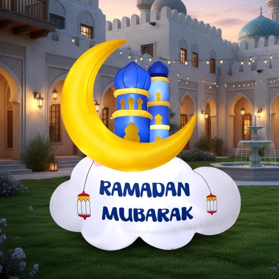 Gemscream 5.9FT Ramadan Inflatable Outdoor Decorations Moon Eid Mubarak Inflatables Blow up Muslim Holy Celebration Decor with LED Lights Muslim Islamic Blow up for Holidays Yard(Blue Stylish)
