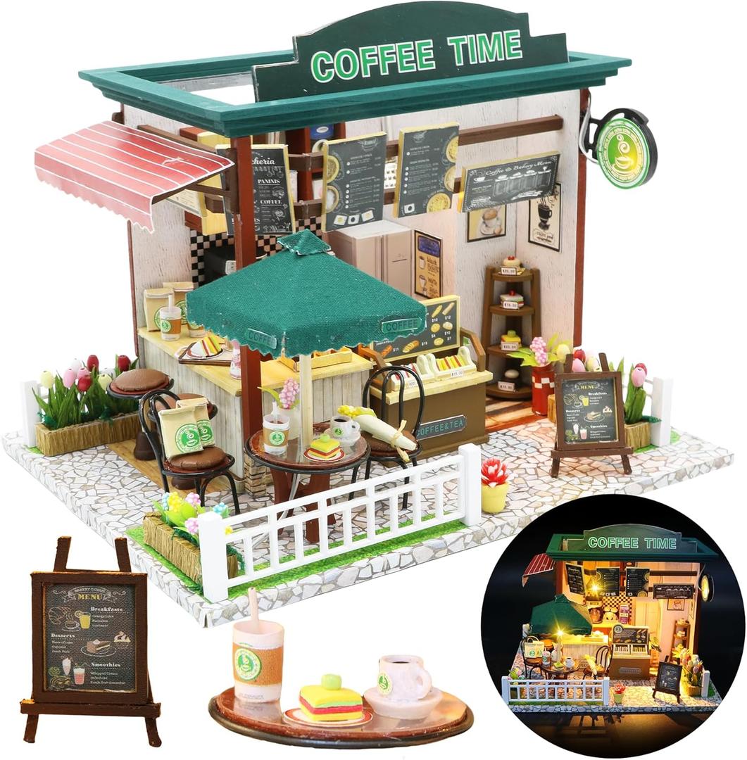 Miniature House Kit, Miniature Dollhouse Mini Houses for Beginners, DIY Dollhouse Kit for Adults to Build, Model Building Craft Diorama Kit, Ideal Gifts for Birthday, Christmas(Coffee Shop)