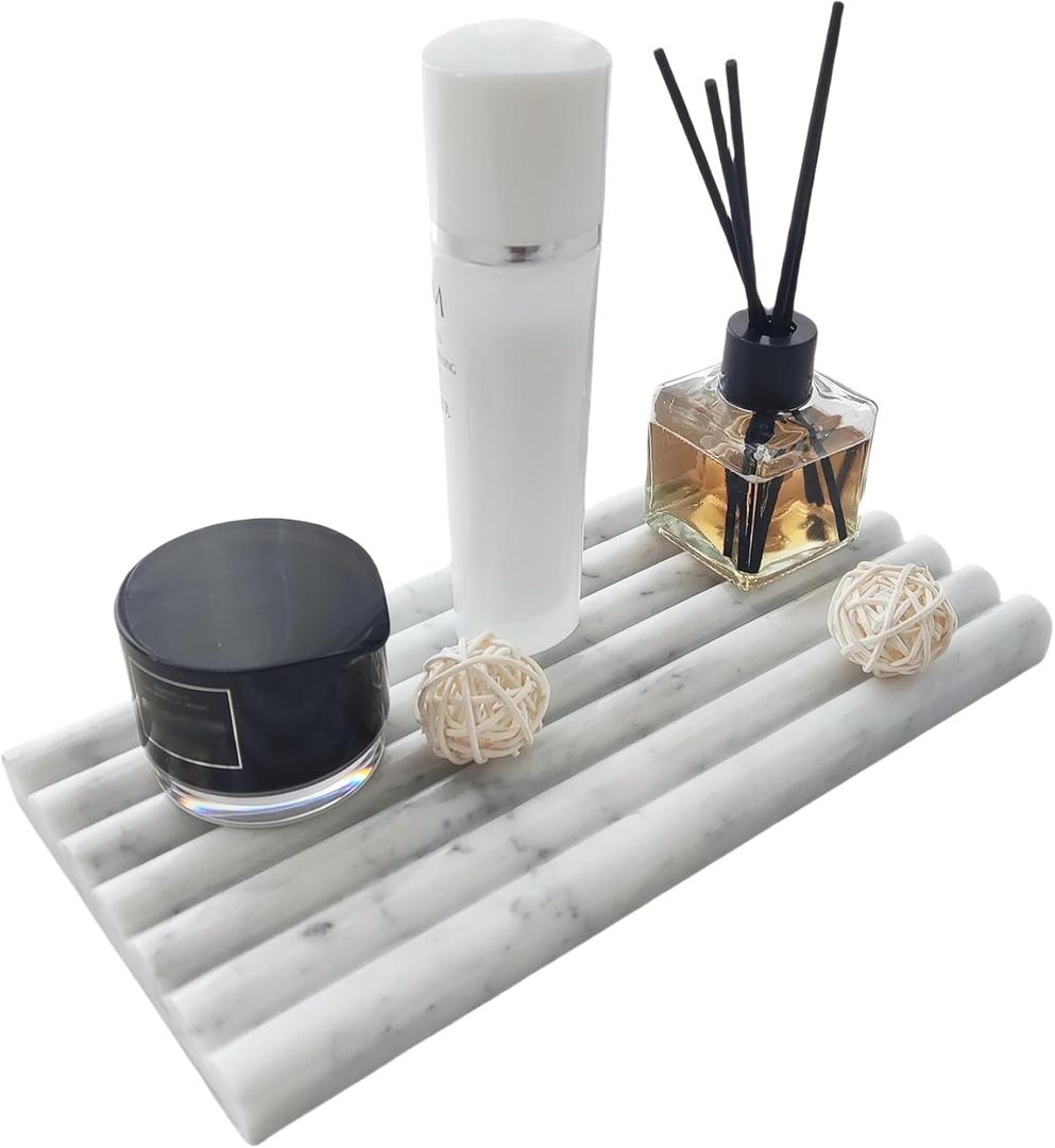 Natural Marble Tray for Bathroom Countertop Organizer,Vanity Decorative Stone Tray for Candles, Perfume, Jewelry Dish Ring Tray (Carrara White)