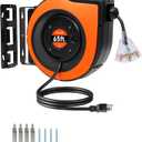 65FT Retractable Extension Cord Reel, 12AWG/3C SJTOW Heavy Duty Power Cord with Lighted Triple Tap Outlet, 15A Circuit Breaker, 180 Swivel Removable Bracket for Wall/Ceiling Mount, UL Listed (Black/Orange)