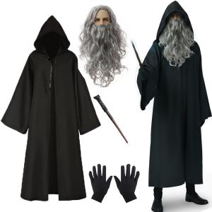 Wizard Costumes with Warlock Cloak Wig Beard Gloves Wand Halloween Magician Sorcerer Cosplay Outfit Party Props Black (Medium)