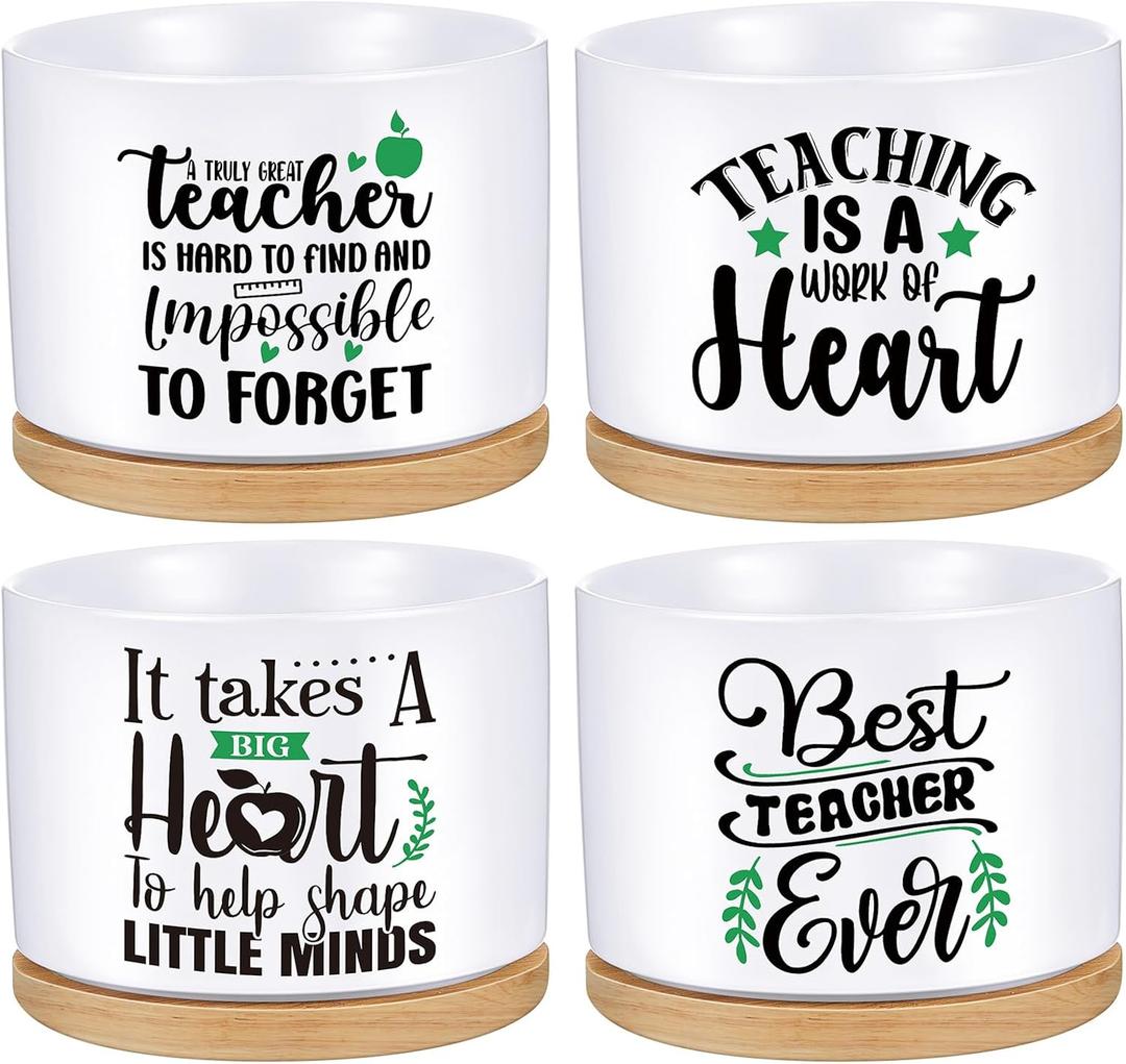 Newtay 4 Pcs End of Year Teacher Gifts Thank You for Helping Me Grow Pots Ceramic Succulent Pots White Flower Planter Pot Teachers Appreciation Gifts for Graduation Back to School