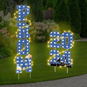 Amyhill 6 Pcs Prom 2025 Yard Signs Party Outdoor Lawn Decorations with Light String Prom Graduation Yard Signs Party Outdoor Grad Decorations Waterproof Lawn Graduation (Blue)