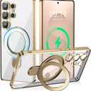 Magnetic Stand & Full Camera Lens Protector Case for Samsung Galaxy S25 Ultra[Compatible with MagSafe][Military Drop Protective]Not Yellowing Clear Slim Soft S25 Ultra Phone Case for Women Men,Gold