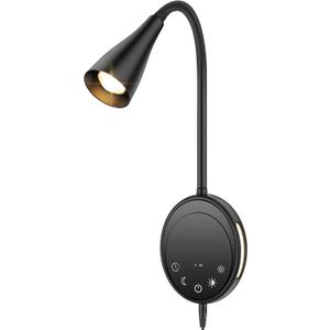 Wall Mounted Reading Light, Bedside Headboard Lights with 5 Dimming & Color Temperature, USB Output, Night Light & Timers Function, Flexible Gooseneck 3000K-6000K Upgrade Bed Lamp (Black)