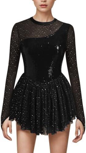 AFAVOM Sequin Figure Skating Dress for Women Girls Long Sleeve Mesh Rhinestone Ice Skating Dress Glitter Asymmetrical Chiffon Skirt Shiny Ballet Lyrical Costume for Competition Performance Black M