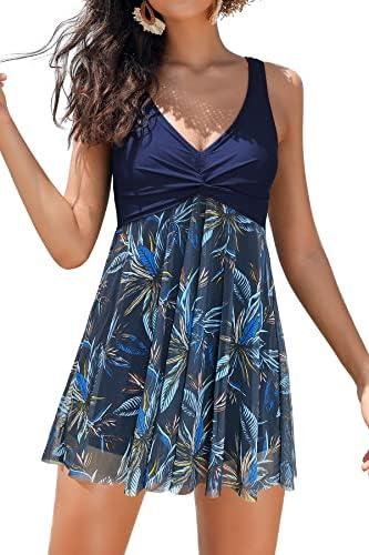 SHEKINI Womens V Neck One Piece Swimsuit Net Yarn Modest Tummy Control Skirtini Swimdress Bathing Suits, Blue, XL