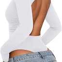 PINKMSTYLE Women Open Back Long Sleeve Bodysuit Boat Neck Double Lined Tops Slim Fit Ruched Backless Going Out Y2K Body Suit (Small)