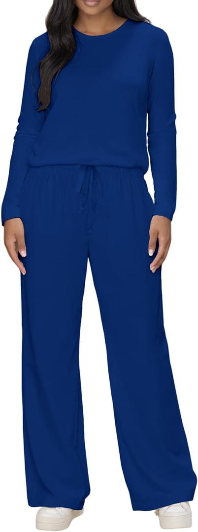 HBQ Women 2 Piece Sets Crewneck Top Wide Leg Pants Sweatsuits With Pockets (Blue, M)