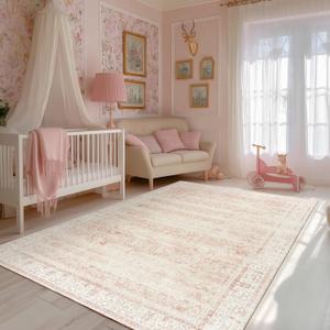 Light Pink Bedroom Rugs 6x9 Vintage Distressed Aesthetic Cute Boho Floral Feminine Low Pile Soft Carpet Machine Washable Stain Resistant Area Rugs for Kids Room Nursery Playroom Office 6 x 9