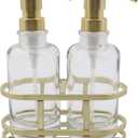 3 Piece Round Heavy Weight Glass Soap Lotion Pump Dispenser Set with Metal Caddy for Home Bath Kitchen Travel Office Hand Crafted Metal Tray Brushed Gold
