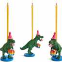 Dinosaur Birthday Candle Holder with 2 Yellow Candle | Cute T-Rex Cake Topper for Kids Birthday Party Decorations Candlestick Holders Baby Shower Birthday Party Celebration
