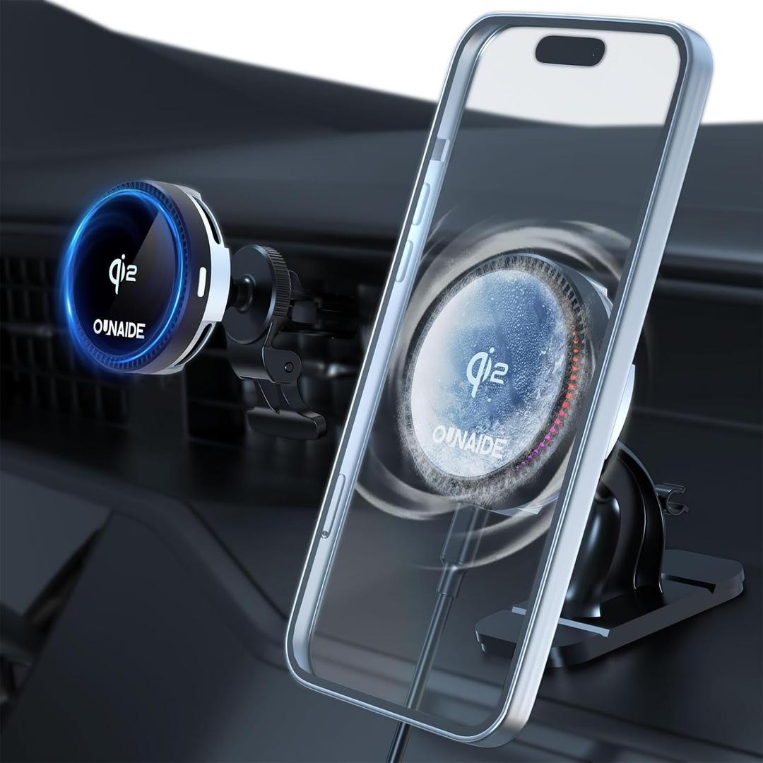 Qi2 Wireless Car Charger, Magnetic Car Charger for iPhone, Rapid Cooling Drop, 15W Fast Charging, Strong Magnetic Hold, 360 Adjustable Angle with Air Vent/Dashboard Mount,Compatible with iPhone12-16 (Black)