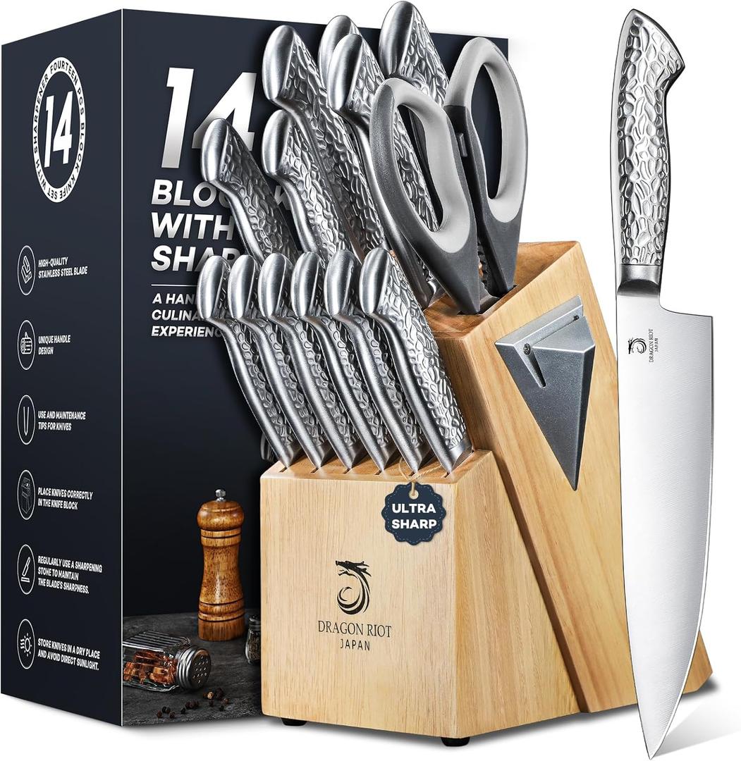 14 PCS Knife Set with Wood Block - Stainless Steel Kitchen Knife Block Set with Built in Sharpener, Dishwasher Safe, Rust Resistant, Non-Slip Ergonomic Handle - Gift for Men Women and Housewarming