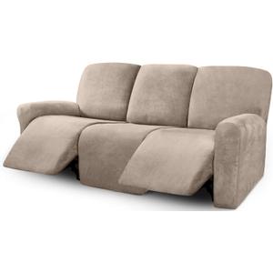 ULTICOR Velvet 8-Pieces Recliner Sofa Covers Stretch Reclining Couch Covers for 3 Cushion Reclining Sofa Slipcovers Furniture Covers Thick Soft Washable (3 Seater Recliner Cover, Taupe)