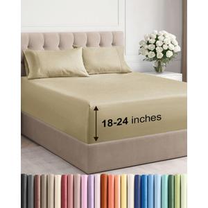 Extra Deep Queen Sheet Set - 4 Piece Breathable & Cooling Bed Sheets - Easily Fits 18 to 24 inch Mattress - Ultra Soft, Wrinkle & Fade Free w/ Extra Deep Pockets - Comfy Hotel Luxury Bedding - Beige