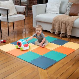 MioTetto Foam Floor Tiles for Kids - Non-Toxic Comfortable Baby Play Mat and Interlocking Foam Tiles, Fits with 50x50 Playpen Mat for Crawling & Development, Soft Play Mat for Babies 6-12 Months (Cobalt-apricot-pine-gold)