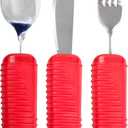 3 Piece Super Easy Grip Red Flatware Set - Bendable Built Up Large Fork, Knife, and Spoon - Red