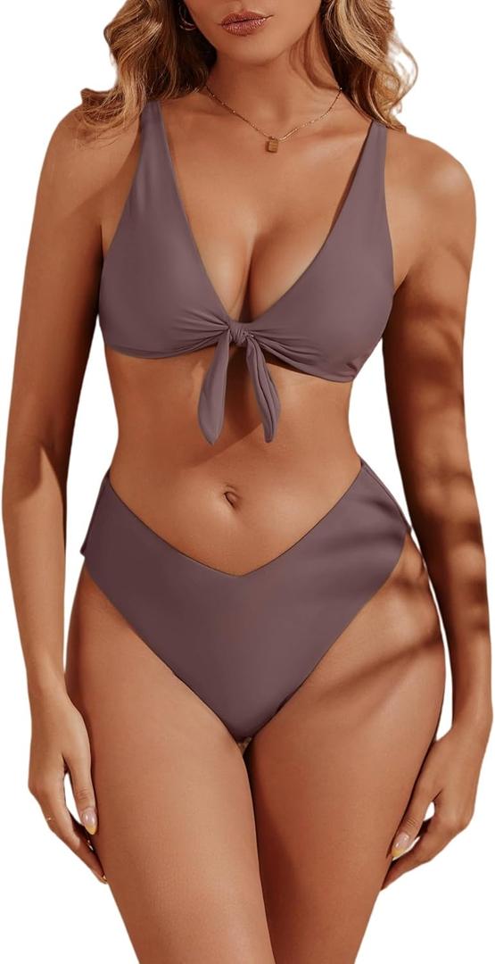 geluboao Bikini Sets for Women High Waisted Two Piece Swimsuit Sexy V Neck Tie Kont Push Up High Cut Bathing Suit, Large