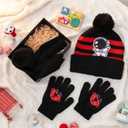 3 Set Unicorn Kids Toddlers Winter Knit Hat Scarf Gloves Set for Boys Girls Age 4-7 Pompom Hat Mittens Scarves (Black and Red)