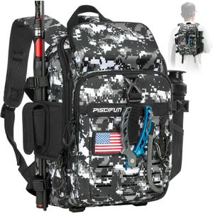Piscifun Fishing Tackle Backpack with Rod & Gear Holder, Lightweight Fishing Tackle Storage Bag with Protective Rain Cover