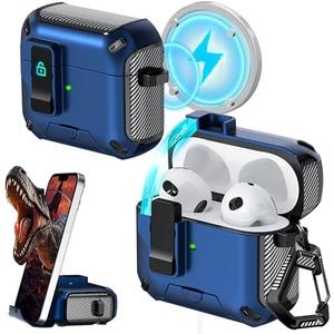 RFUNGUANGO for AirPods Case (2021, 3rd Generation), Compatible with AirPods 3rd Generation, Compatible with MagSafe, Drop Protection Case with Stand Feature, with Cleaning Tool -A-Black+Blue